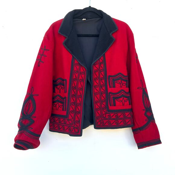 Vintage Guatemalan Wool Statement Blazer Red Black Endorsed Open Cropped Large - Picture 2 of 8